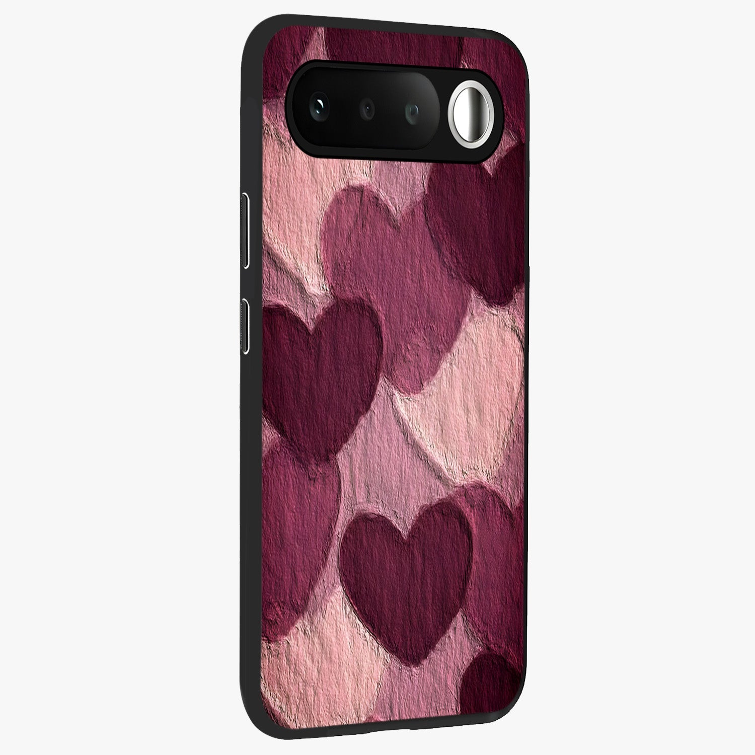 Layered Paper Hearts Glass Case upright view showcasing decorative layered heart artwork with sweet love theme.