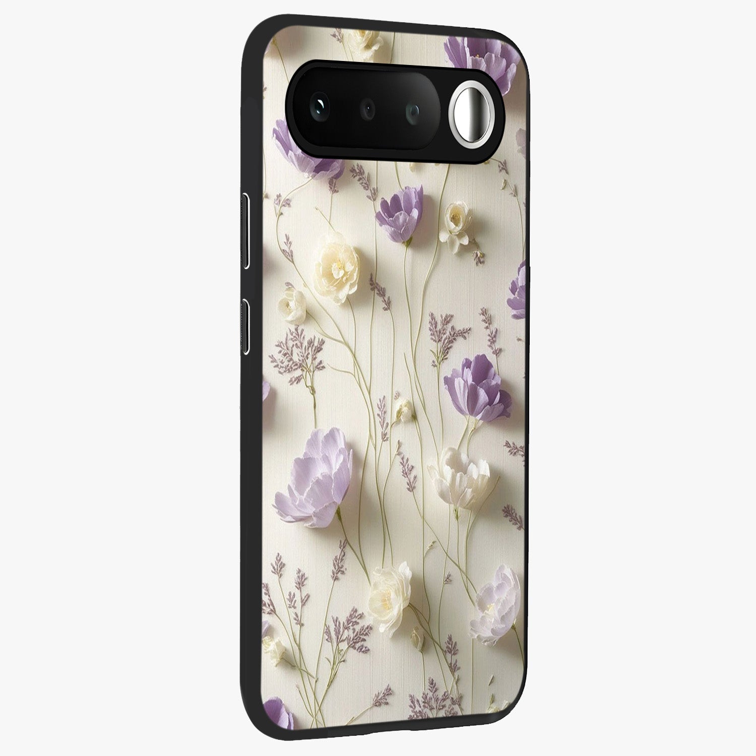 Lilac Breeze Harmony Glass Case upright view showcasing delicate lilac artwork with peaceful floral theme.