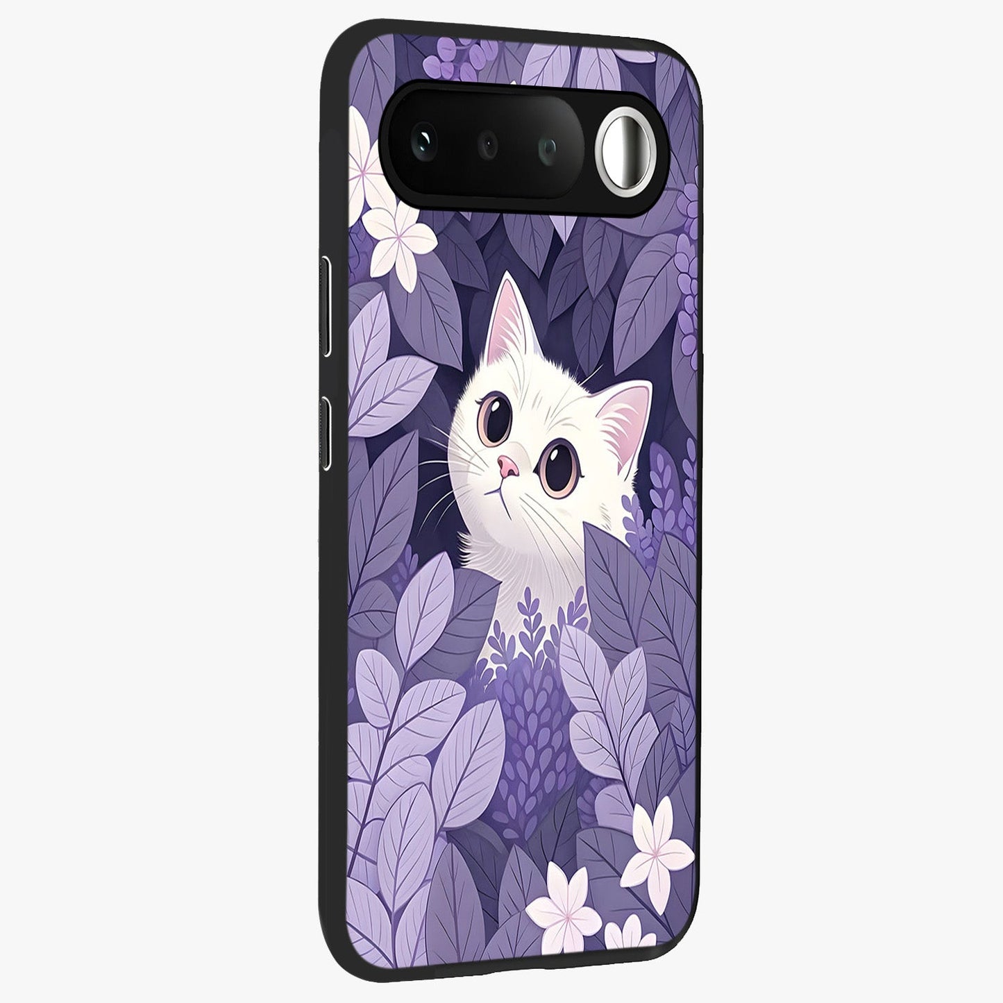 Lilac Hide Peek Cat Glass Case upright view showcasing charming cat artwork with adorable peek theme.