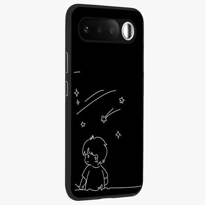 Line Art Boy With Shooting Stars Glass Case upright view showcasing artistic shooting star illustration with minimal style.