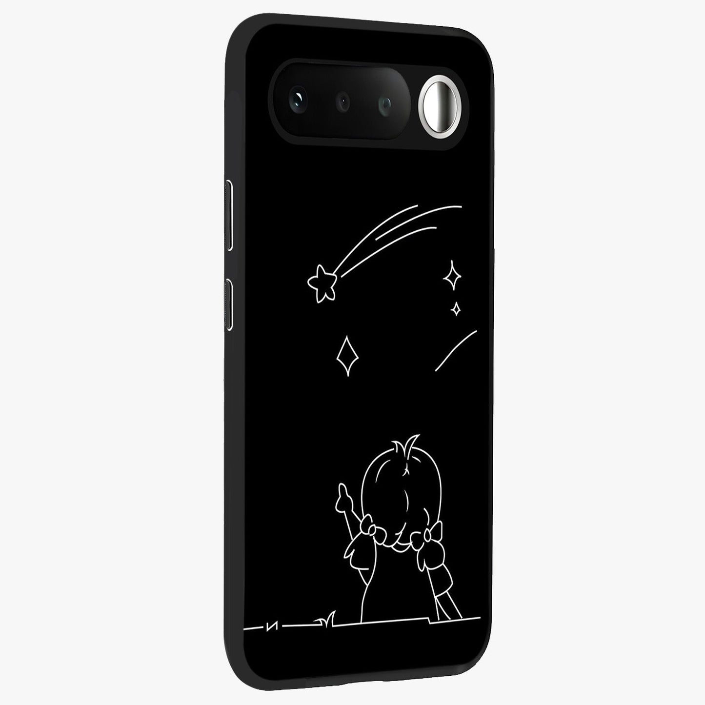 Line Art Girl With Shooting Stars Glass Case upright view showcasing delicate shooting stars artwork with minimal artistic theme.