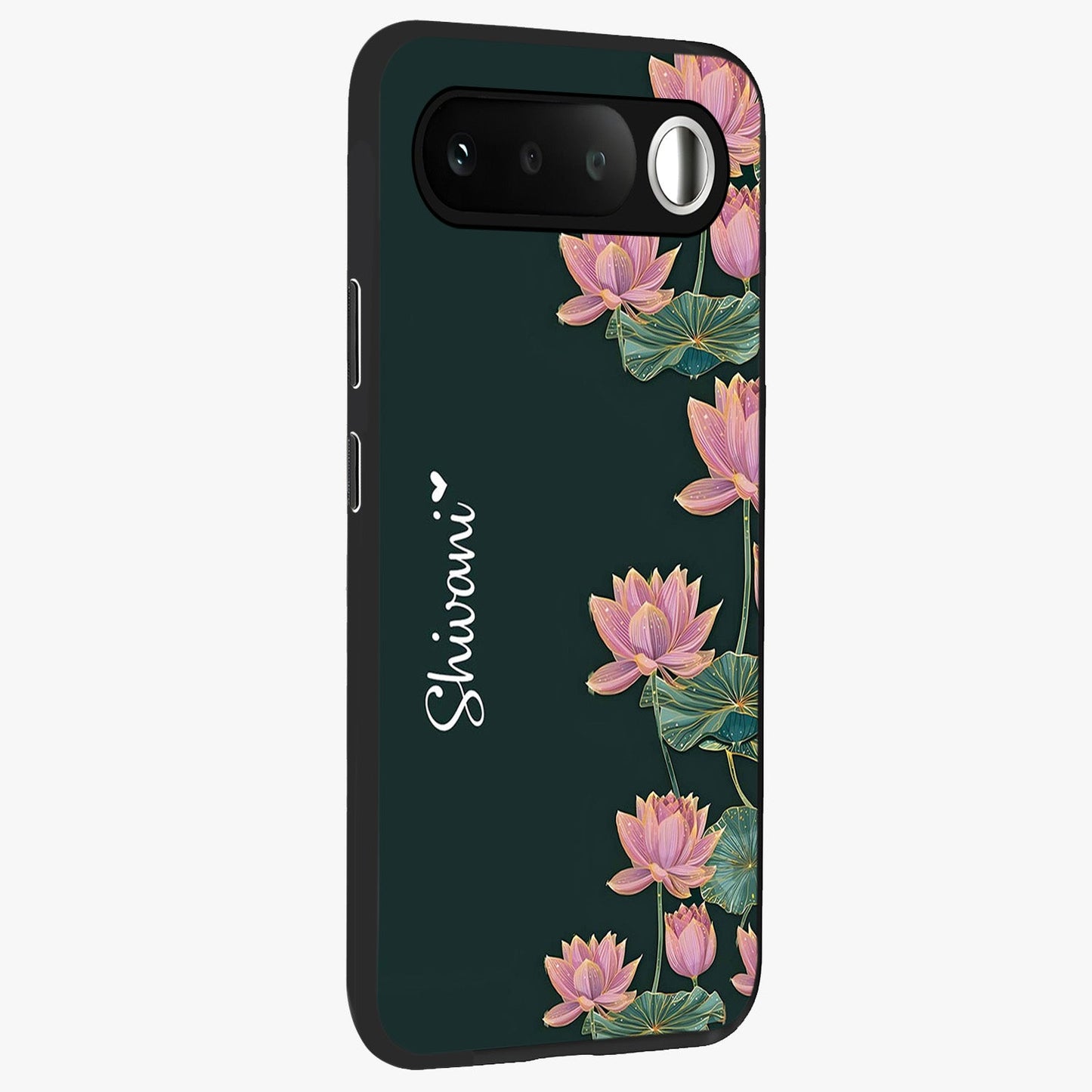 Lotus Bloom Serenity Custom Name Glass Case upright view showcasing serene lotus bloom artwork with personalized floral aesthetic.
