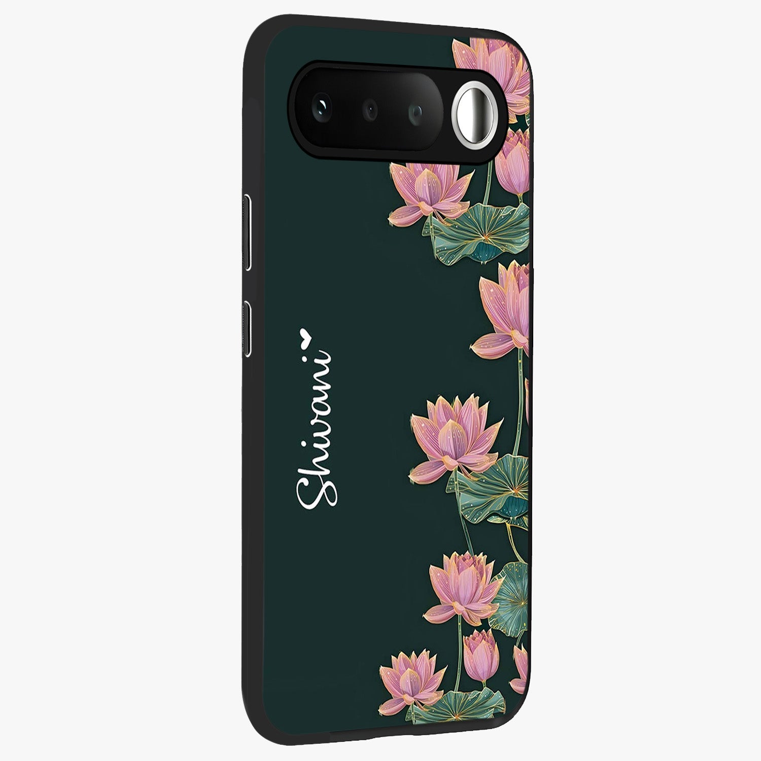 Lotus Bloom Serenity Custom Name Glass Case upright view showcasing serene lotus bloom artwork with personalized floral aesthetic.