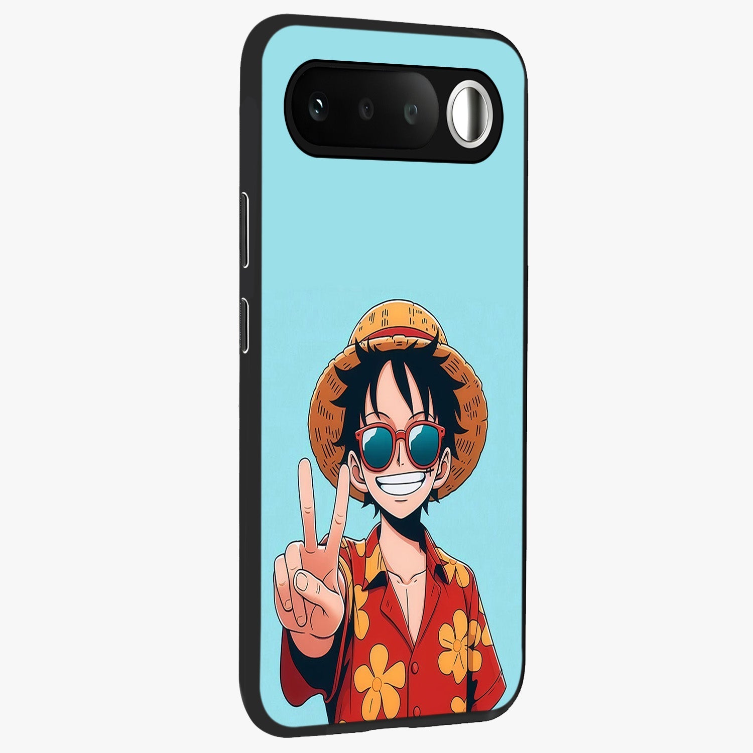 Luffy Summer Anime Vibe Glass Case upright view showcasing dynamic anime artwork with bright adventurous theme.