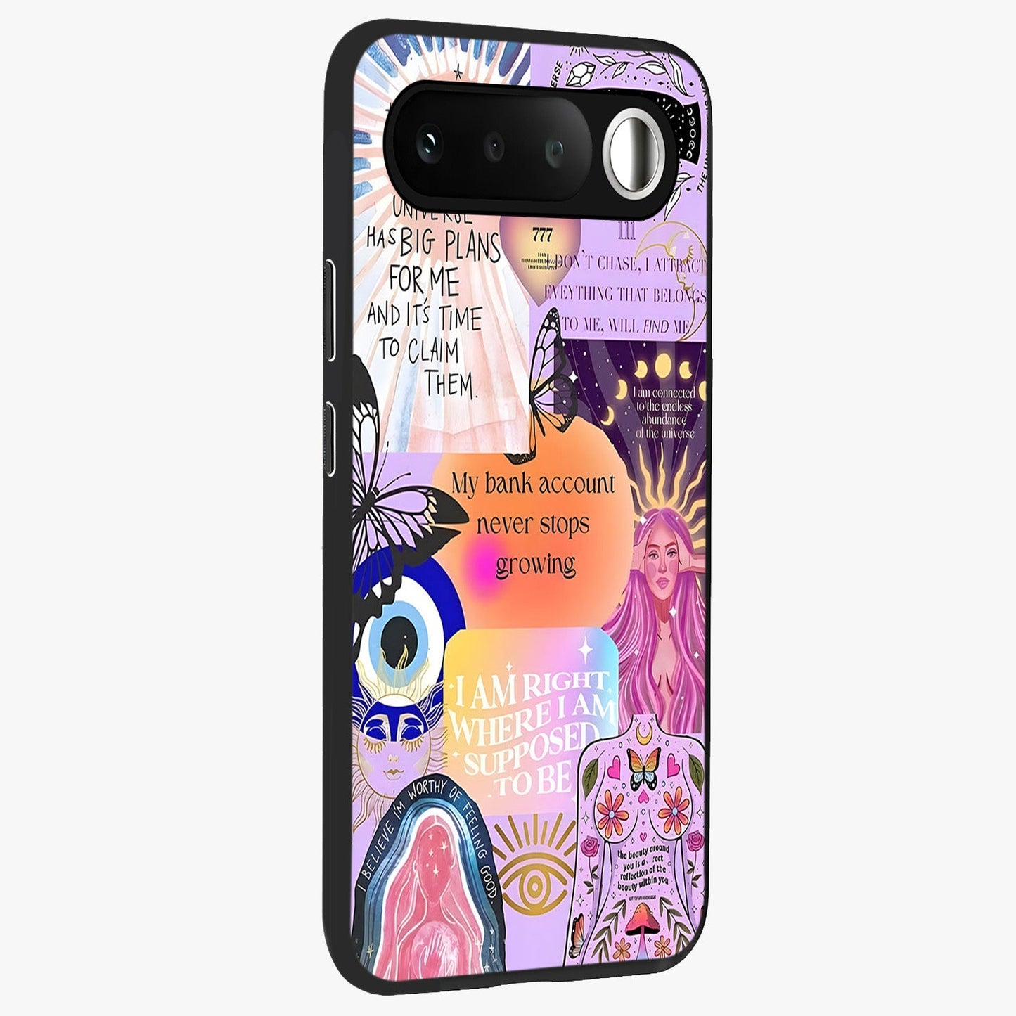 Manifestation Collage Glass Case upright view showcasing artistic manifestation themed artwork with creative style.