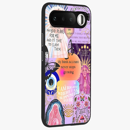Manifestation Collage Glass Case upright view showcasing artistic manifestation themed artwork with creative style.