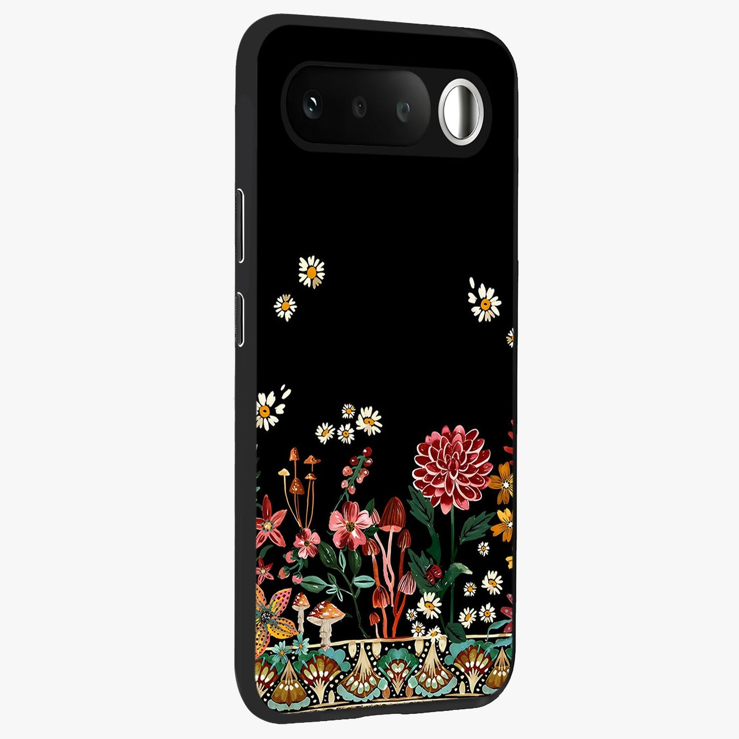 Midnight Bloom Pattern Glass Case upright view showcasing decorative floral artwork with deep night themed palette.