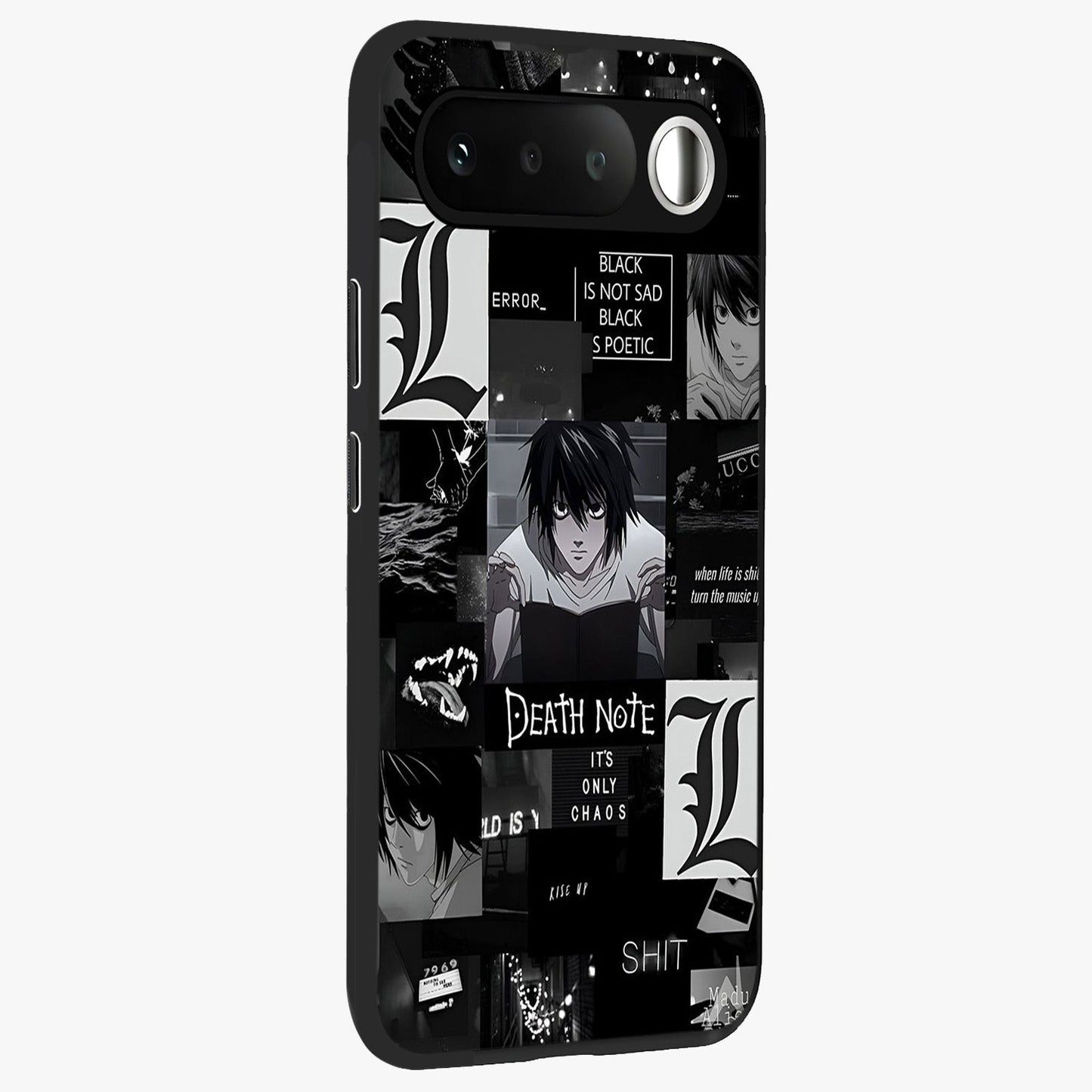Midnight Chaos Mind Glass Case upright view showcasing expressive abstract artwork with bold dark theme.
