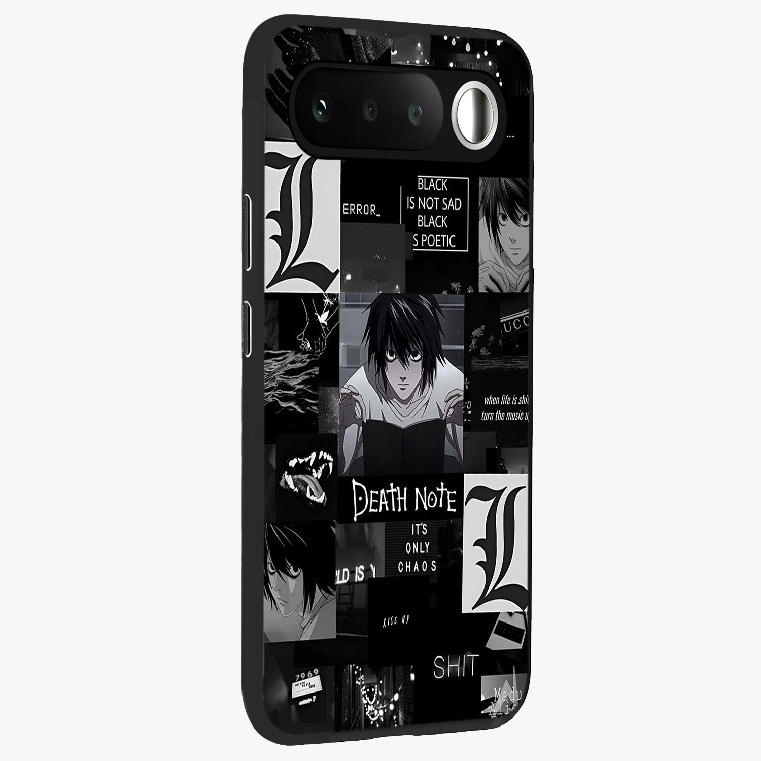 Midnight Chaos Mind Glass Case upright view showcasing expressive abstract artwork with bold dark theme.