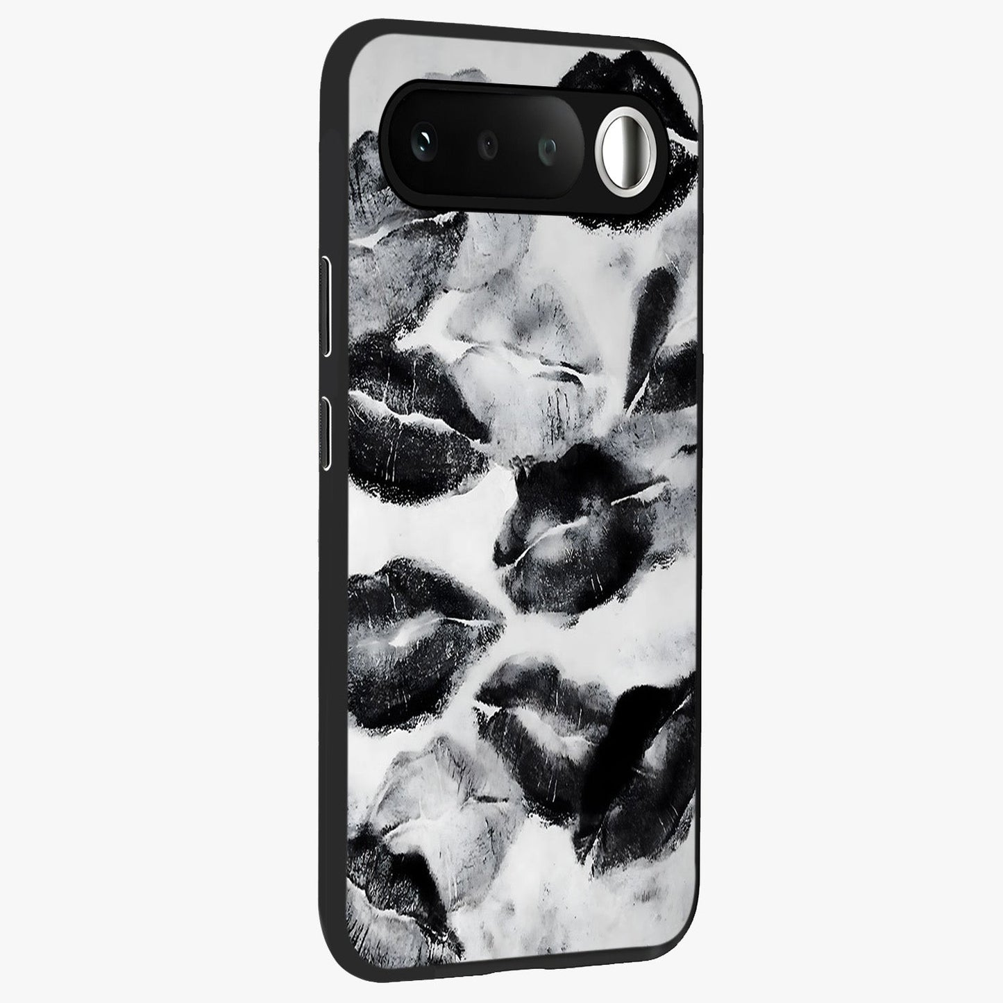 Midnight Kiss Marks Glass Case upright view showcasing stylish kiss mark artwork with trendy romantic theme.