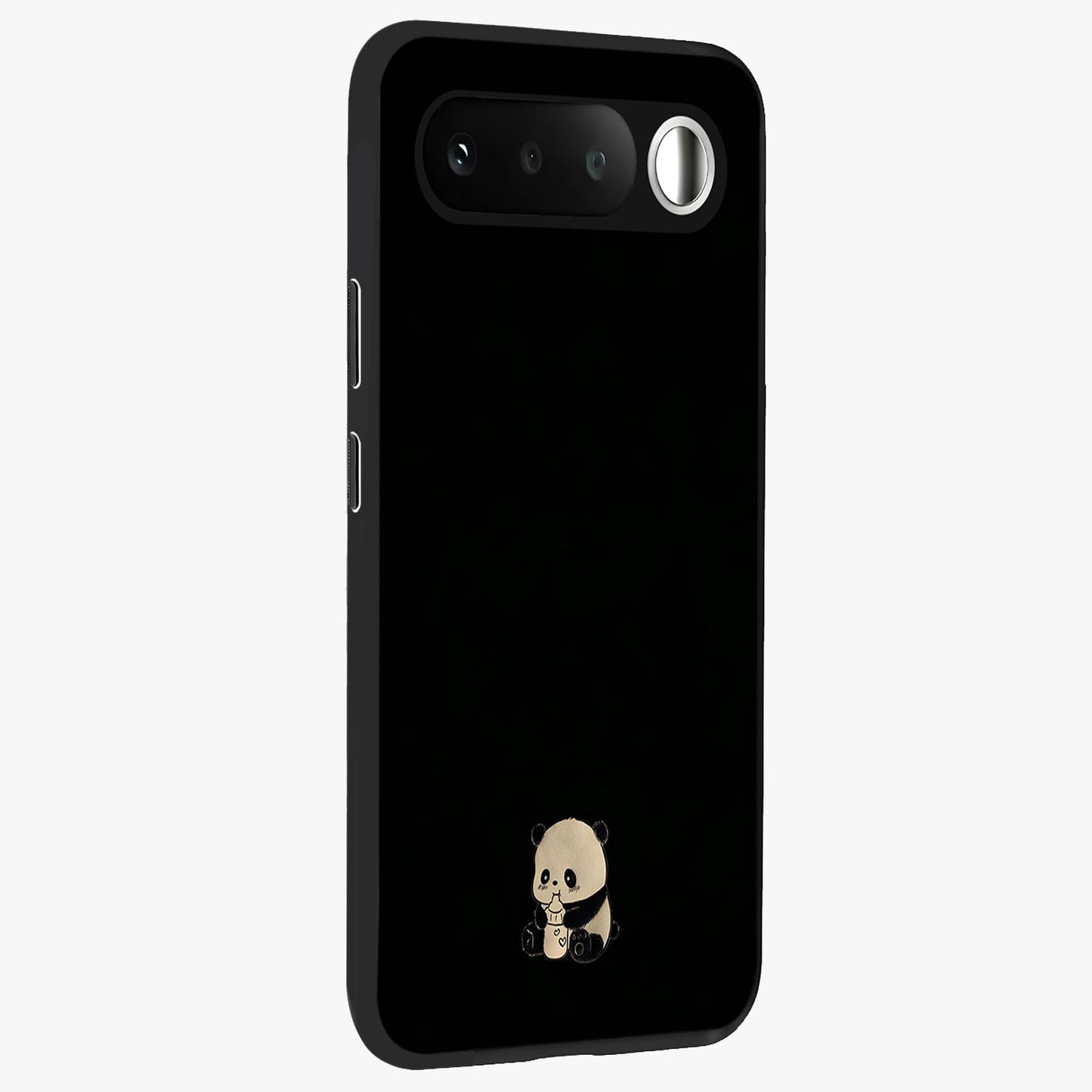 Midnight Panda Love Glass Case upright view showcasing charming panda artwork with playful romantic theme.