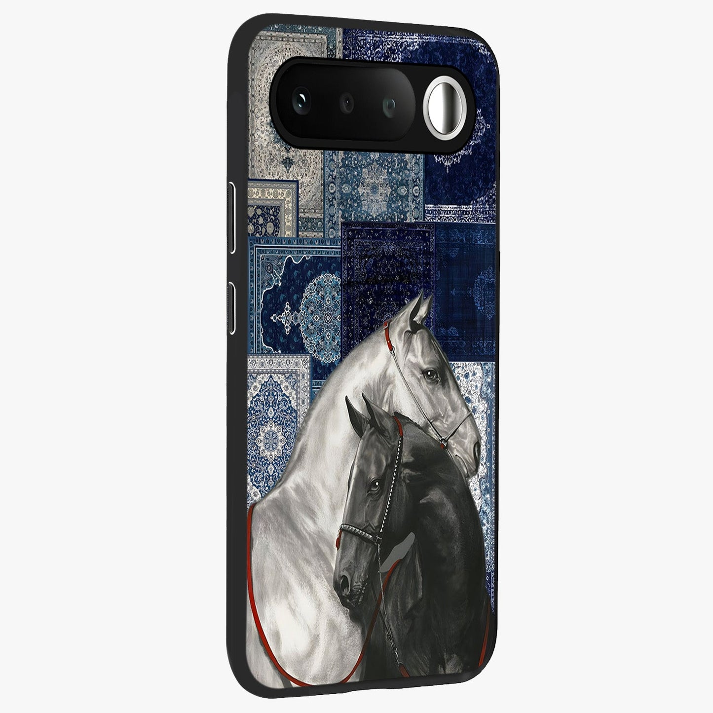 Midnight Stallion Blues Glass Case upright view showcasing dramatic horse artwork with bold artistic theme.