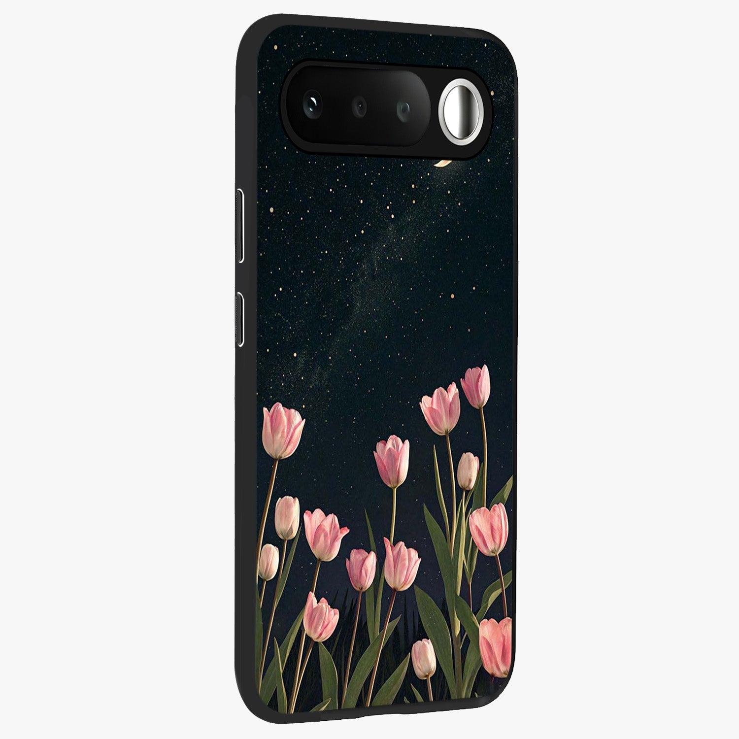 Midnight Tulip Whispers Vibe Glass Case upright view showcasing graceful tulip artwork with calm botanical theme.