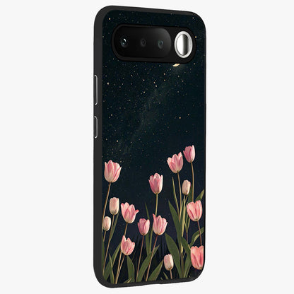 Midnight Tulip Whispers Vibe Glass Case upright view showcasing graceful tulip artwork with calm botanical theme.