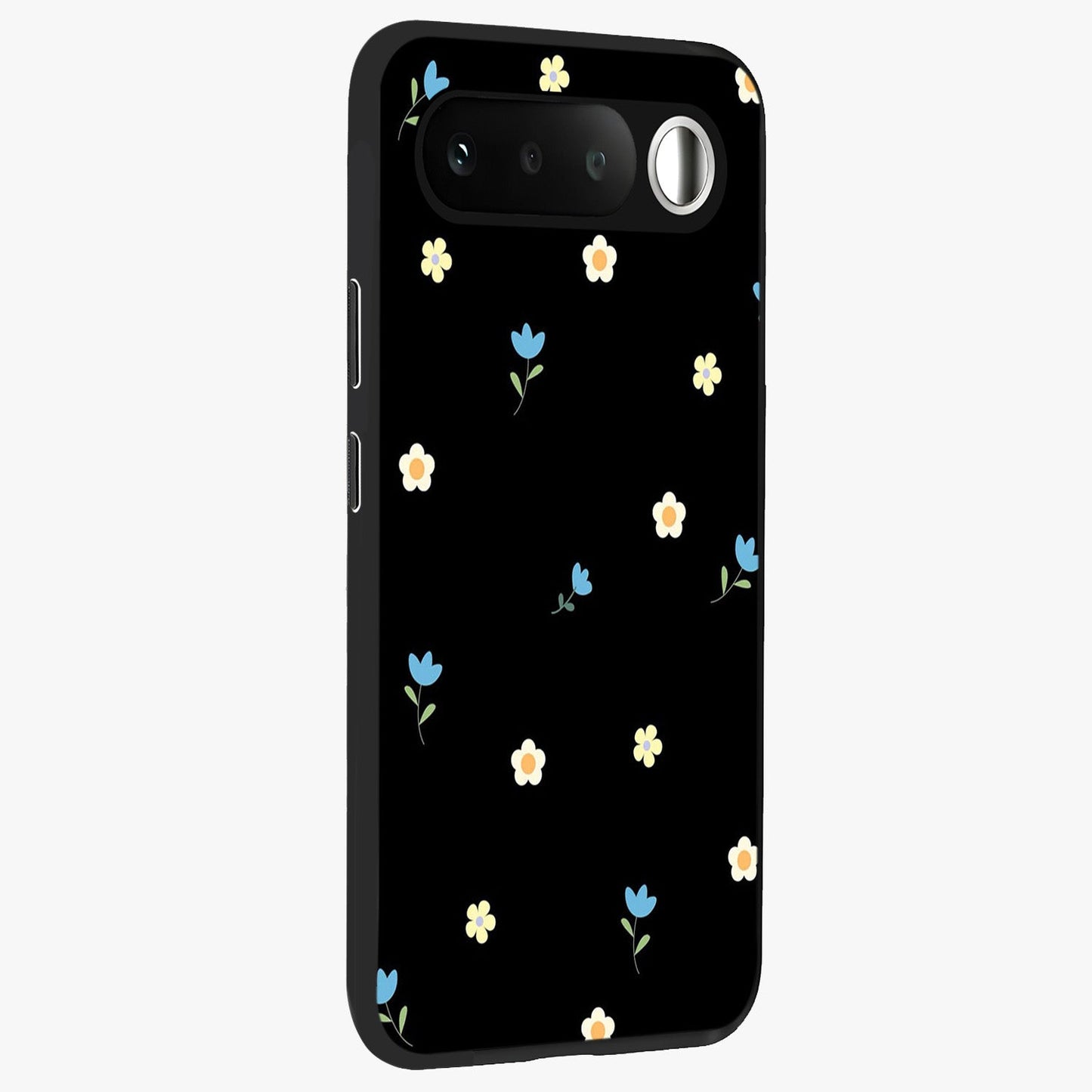 Minimal Petal Whispers Glass Case upright view showcasing elegant floral artwork with modern minimalist style.