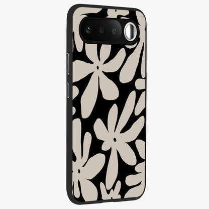 Monochrome Petal Dance Glass Case upright view showcasing artistic floral pattern with stylish monochrome theme.