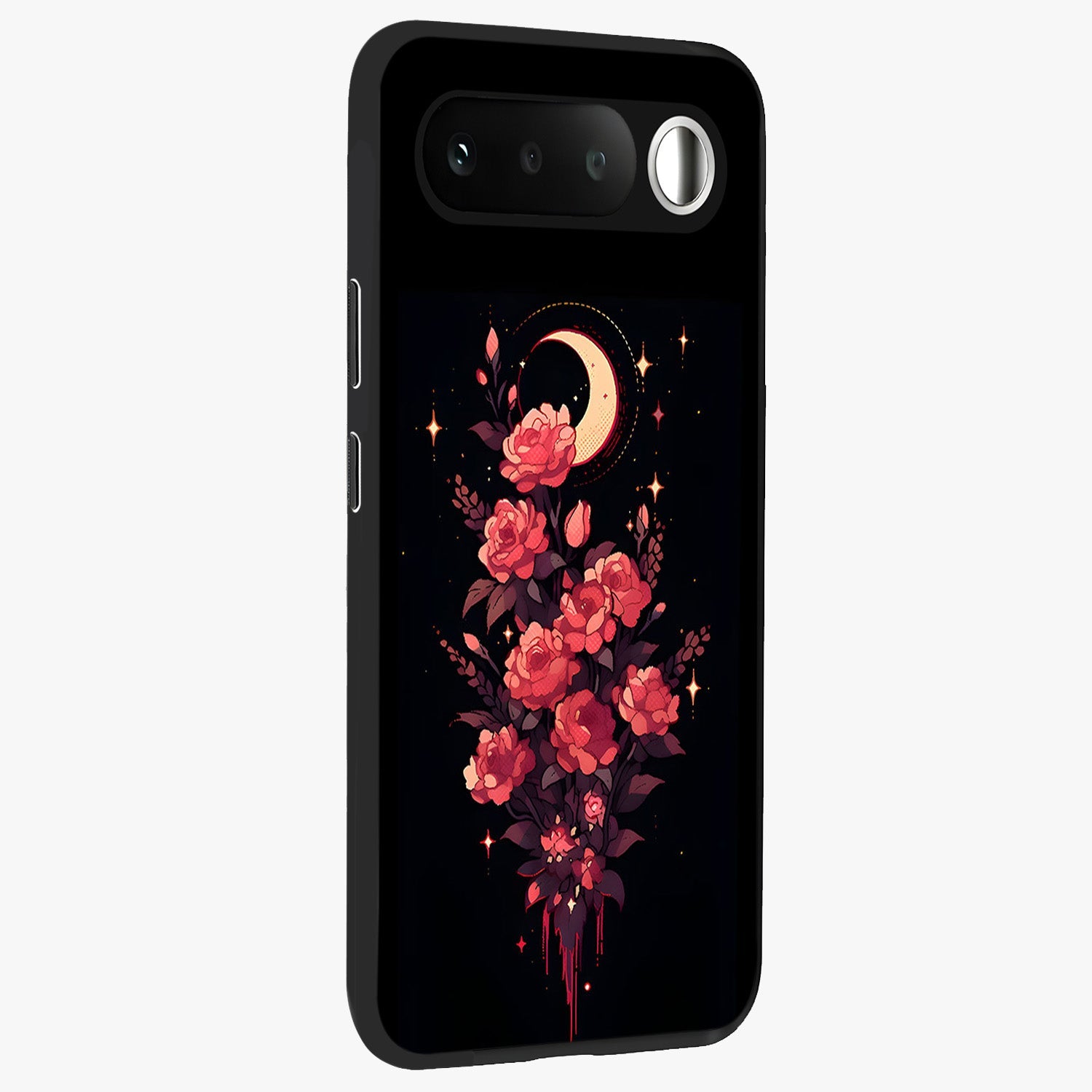 Moonlit Floral Elegance Glass Case upright view showcasing delicate floral artwork with refined night inspired theme.