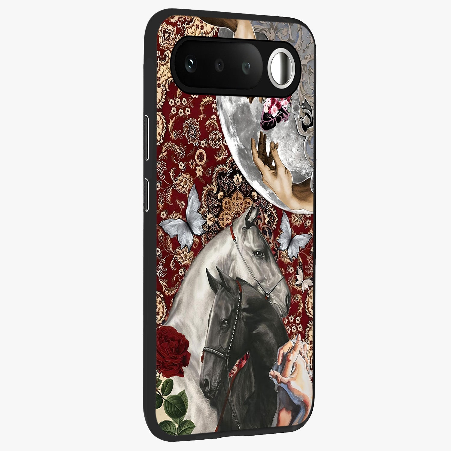 Moonlit Royal Stallion Glass Case upright view showcasing dramatic horse artwork with glowing moon themed design.