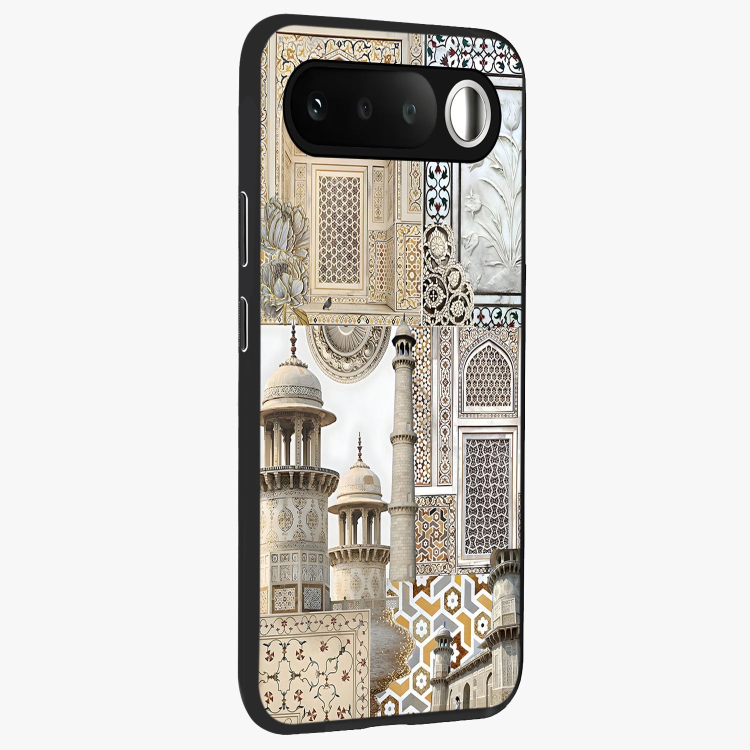 Mughal Marble Legacy Glass Case upright view showcasing ornate Mughal design with luxurious traditional theme.