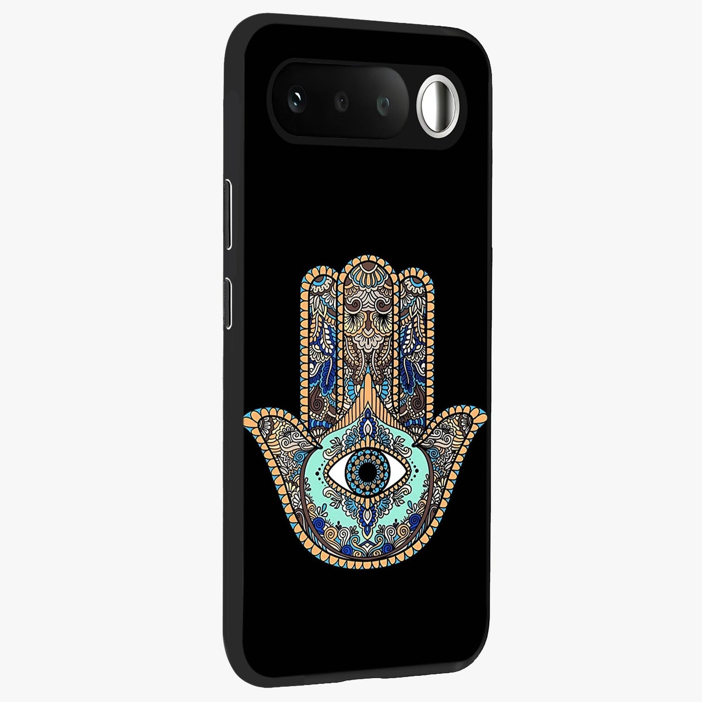 Mystic Hamsa Eye Glass Case upright view showcasing detailed hamsa eye artwork with protective spiritual theme.