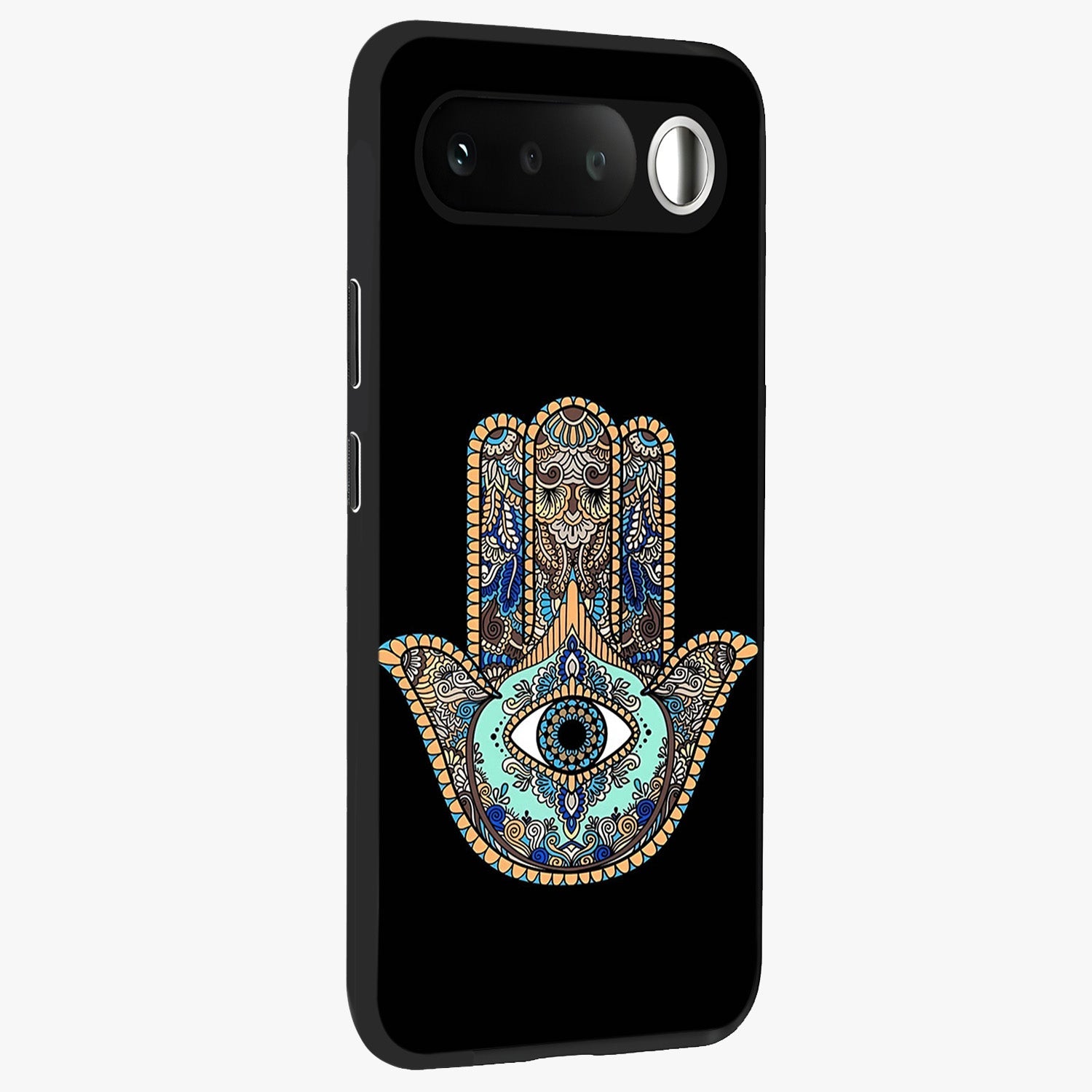 Mystic Hamsa Eye Glass Case upright view showcasing detailed hamsa eye artwork with protective spiritual theme.