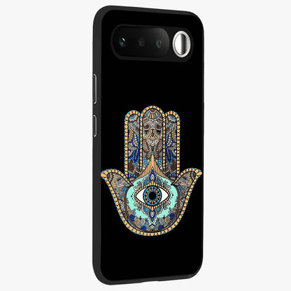 Mystic Hamsa Eye Glass Case upright view showcasing detailed hamsa eye artwork with protective spiritual theme.