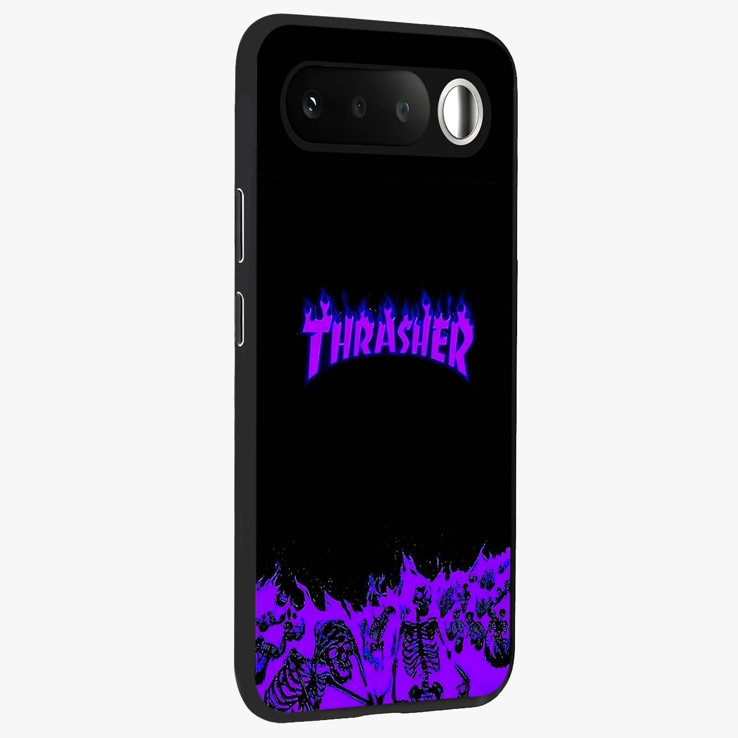 Neon Flame Riot Glass Case upright view showcasing dynamic flame artwork with energetic neon theme.