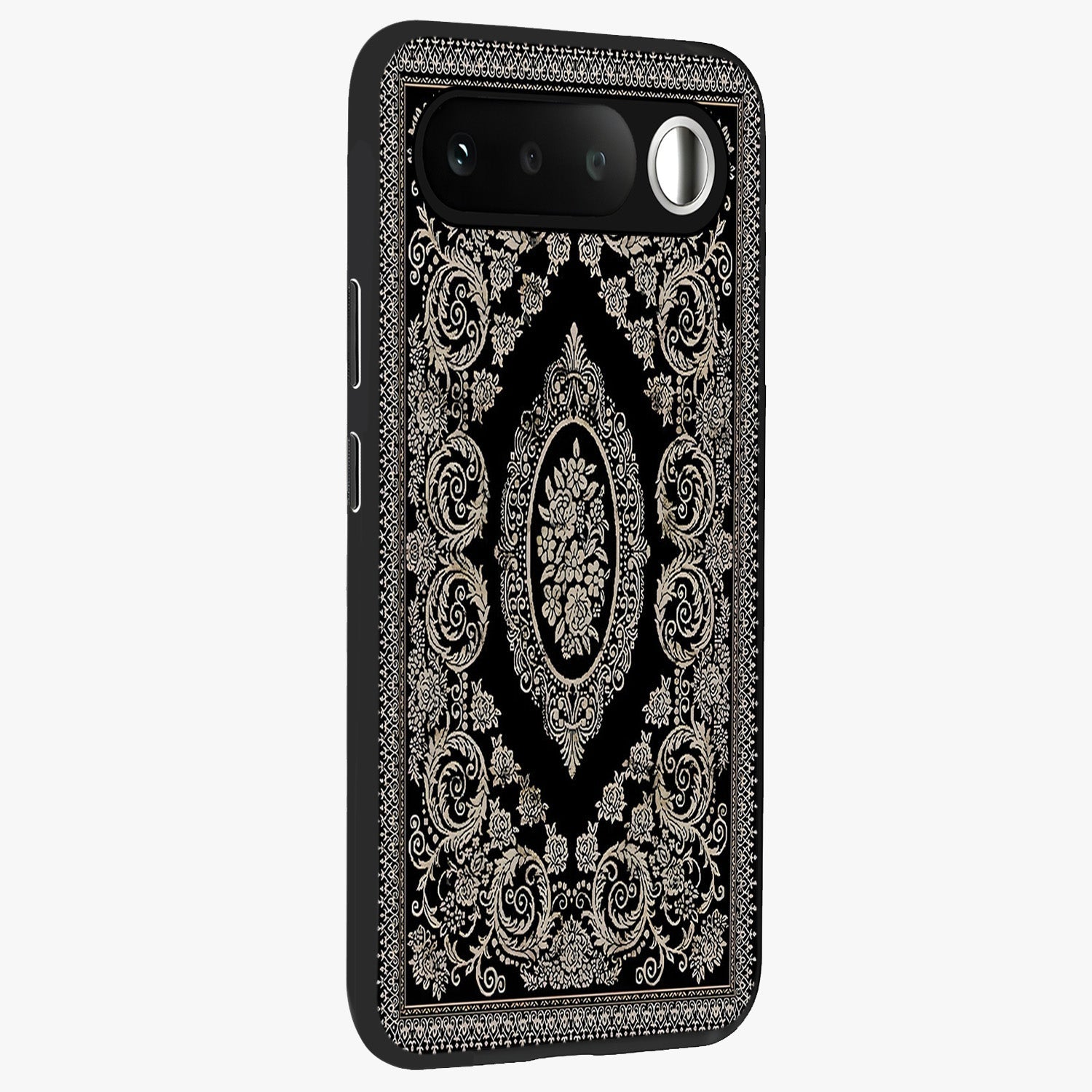 Noir Bloom Elegance Glass Case upright view showcasing graceful floral artwork with luxurious dark theme.