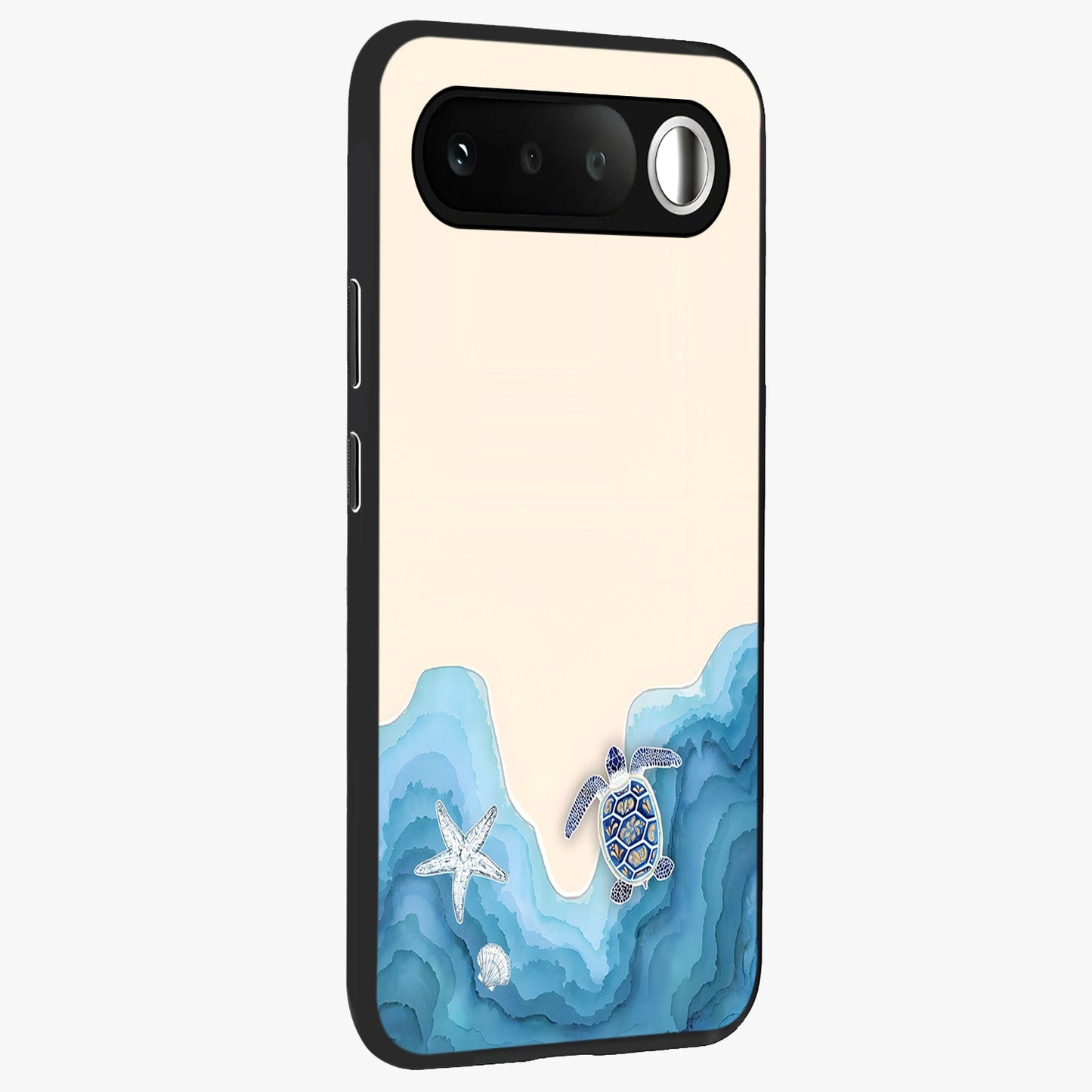 Ocean Drift Turtle Glass Case upright view showcasing calm underwater turtle artwork with nature inspired theme.