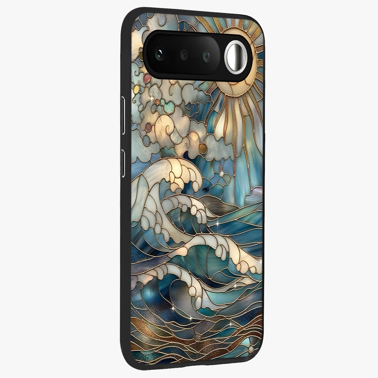 Oceanic Stained Printed Glass Case upright view showcasing decorative ocean pattern artwork with vibrant marine theme.