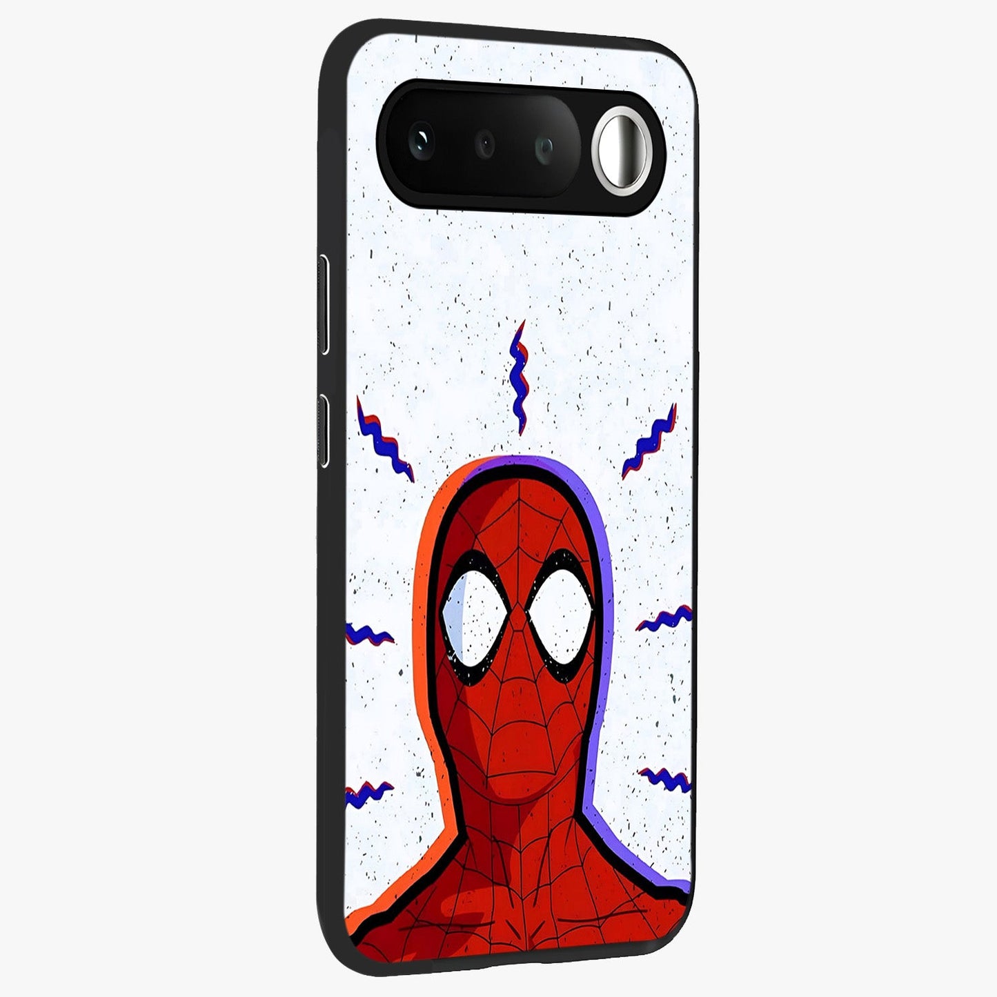Omg Spiderman Glass Case upright view showcasing energetic superhero artwork with vibrant comic theme.
