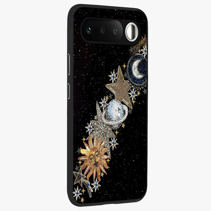 Pearls Universe Object Glass Case upright view showcasing decorative pearl themed artwork with cosmic elegance.