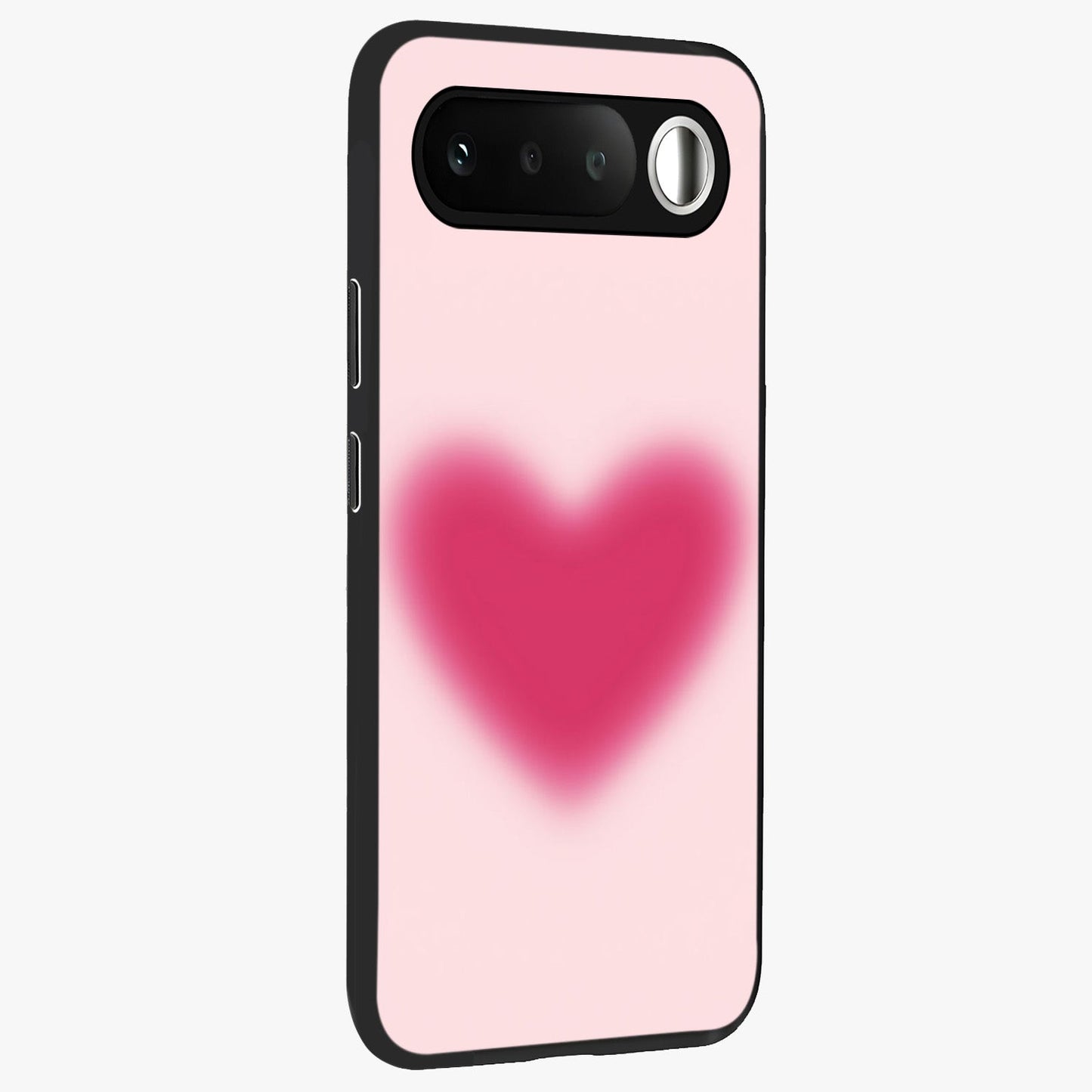 Pink Aura Heart Glass Case upright view showcasing romantic heart artwork with soft pastel theme.