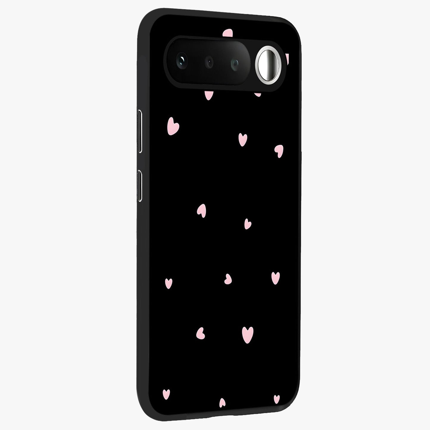 Pink Love Drops Glass Case upright view showcasing charming heart drop artwork with romantic playful theme.