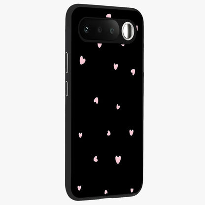 Pink Love Drops Glass Case upright view showcasing charming heart drop artwork with romantic playful theme.