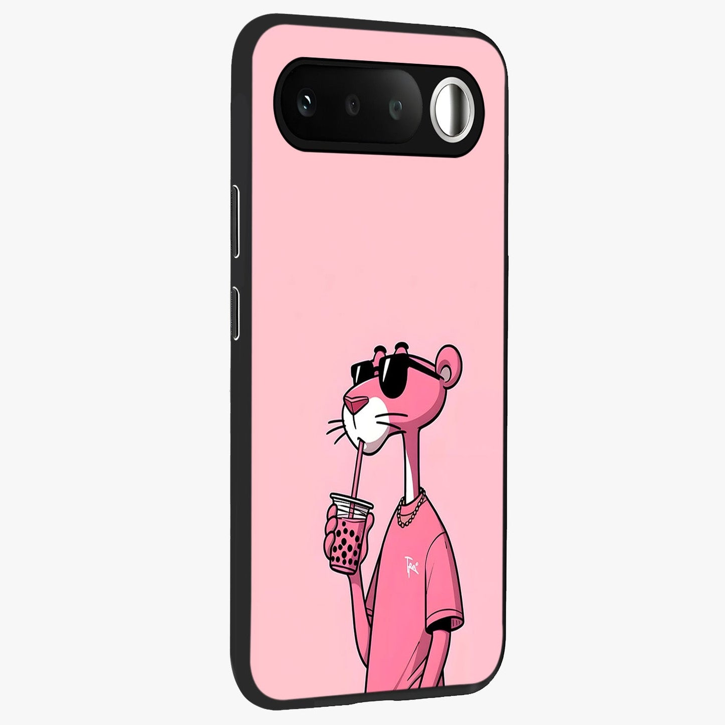 Pink Panther Glass Case upright view showcasing fun animated artwork with stylish retro cartoon theme.