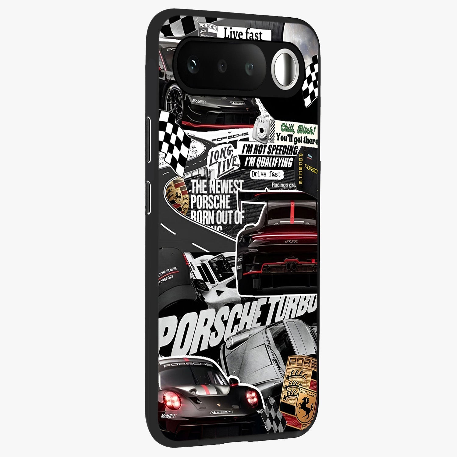 Porsche Racing Collage Glass Case upright view showcasing energetic car collage artwork with high speed racing theme.