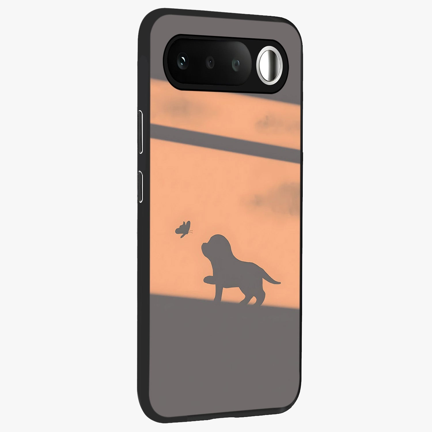Puppy Shadow Art Glass Case upright view showcasing charming puppy artwork with creative silhouette theme.