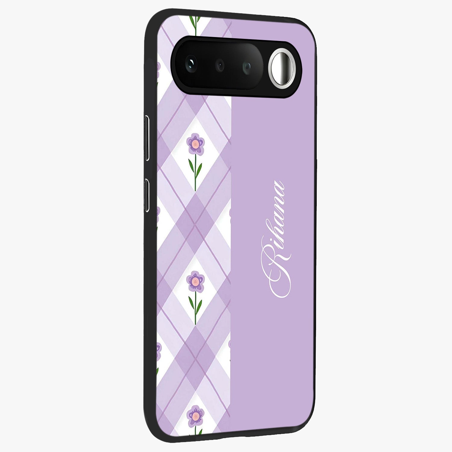Purple Diamond Floral Glass Case upright view showcasing vibrant floral artwork with stylish geometric theme.