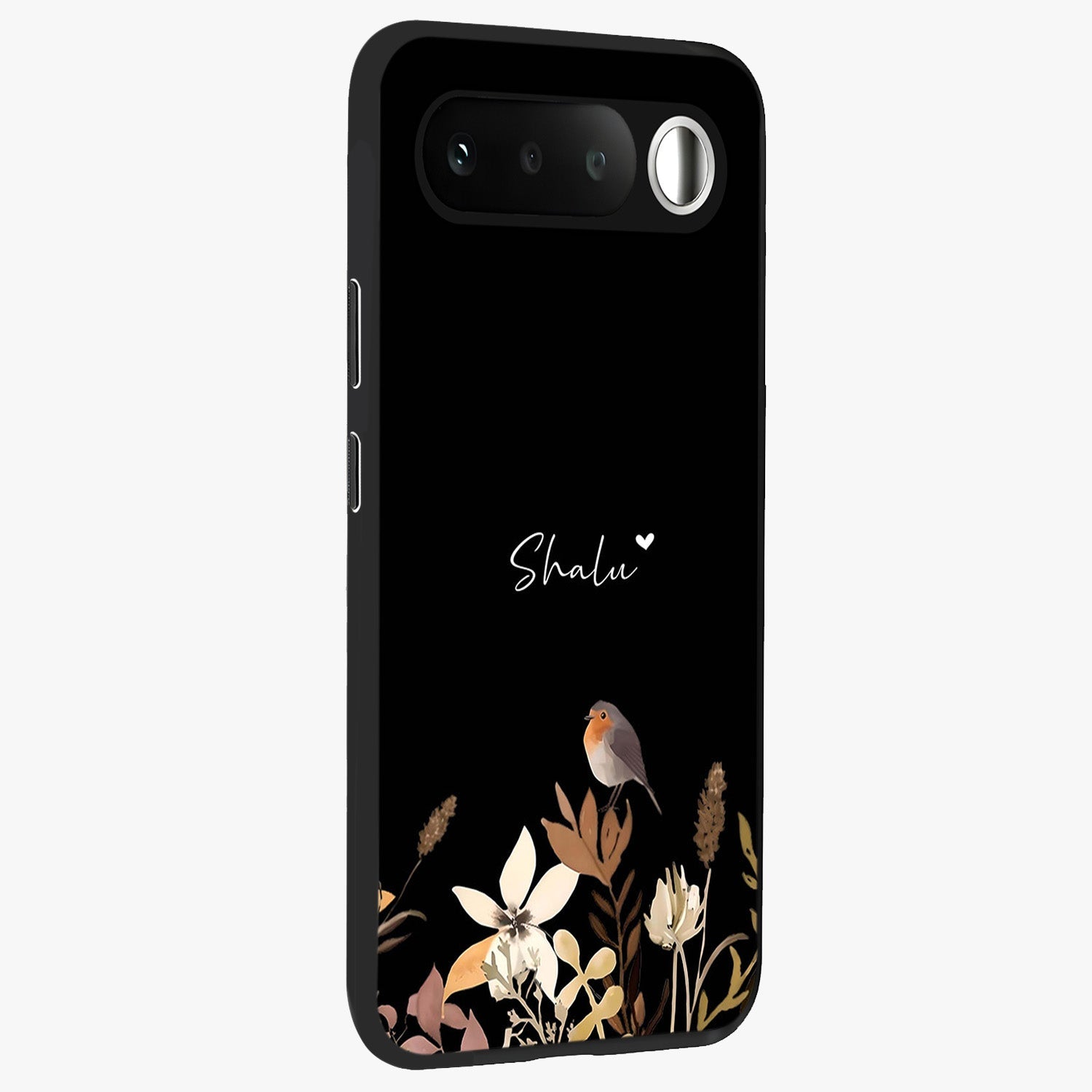 Quiet Garden Tune Custom Name Glass Case upright view showcasing serene botanical artwork with personalized aesthetic.