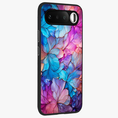 Radiant Floral Whirl Glass Case upright view showcasing lively floral artwork with decorative swirl theme.