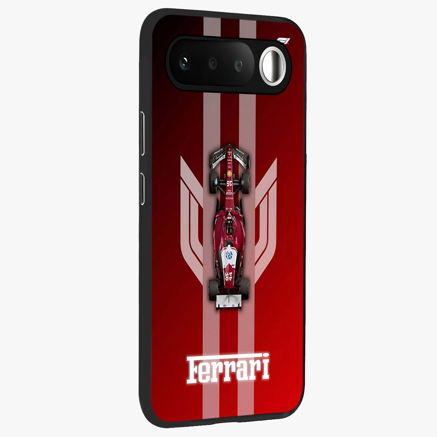 Red Ferrari F1 Vertical Glass Case upright view showcasing powerful Formula car artwork with dynamic motorsport theme.