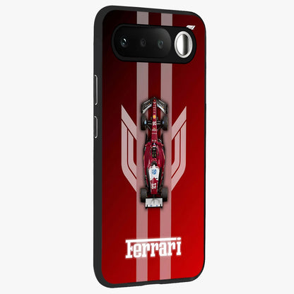 Red Ferrari F1 Vertical Glass Case upright view showcasing powerful Formula car artwork with dynamic motorsport theme.