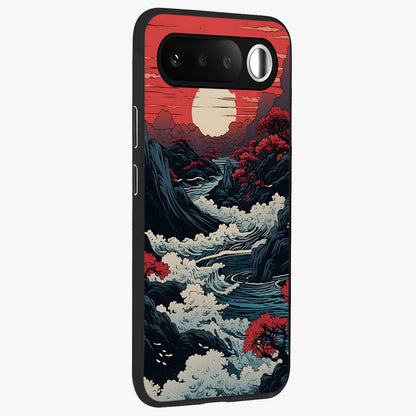 Red Sunset Scenery Glass Case upright view showcasing dramatic sunset scenery artwork with warm nature theme.