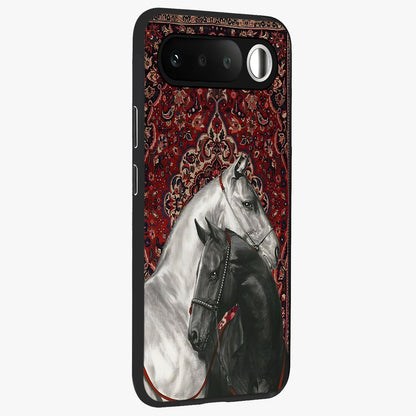 Regal Stallion Tapestry Glass Case upright view showcasing powerful horse artwork with elegant tapestry theme.