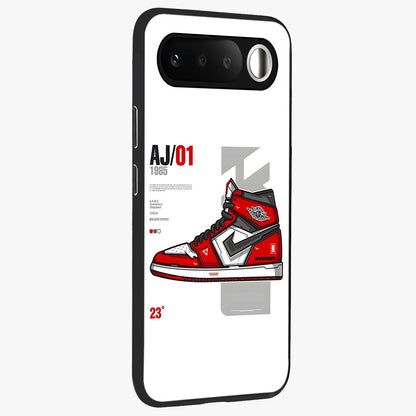 Retro Sneaker Blueprint Glass Case upright view showcasing stylish sneaker illustration with vintage streetwear theme.