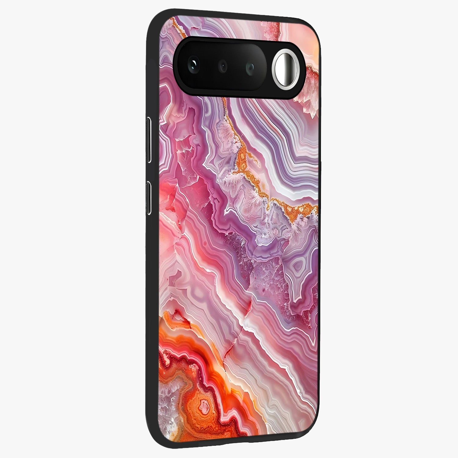 Rose Quartz Marble Glass Case upright view showcasing decorative marble artwork with luxurious pastel theme.