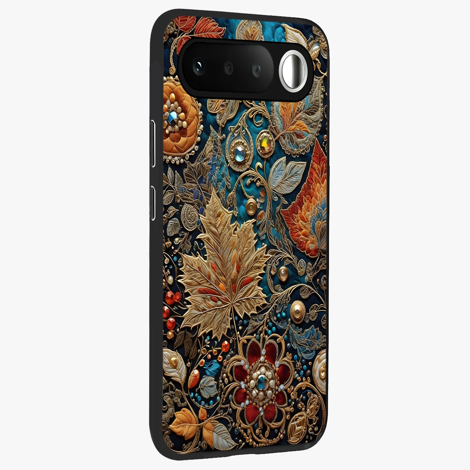 Royal Jewel Garden Glass Case upright view showcasing rich floral artwork with luxurious garden theme.