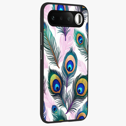 Royal Peacock Feathers Glass Case upright view showcasing elegant peacock feather artwork with decorative royal theme.