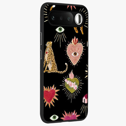 Sacred Jungle Heart Glass Case upright view showcasing vibrant jungle artwork with symbolic heart theme.